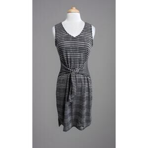 H BY HALSTON Women's Small Gray Black Geo Striped Tie Midi Dress Coastal Casual